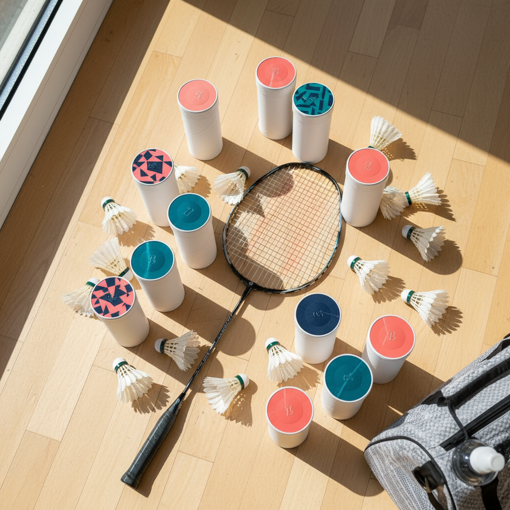 Flat lay of custom Capminton badminton tube caps with racquet and shuttlecocks on gym floor